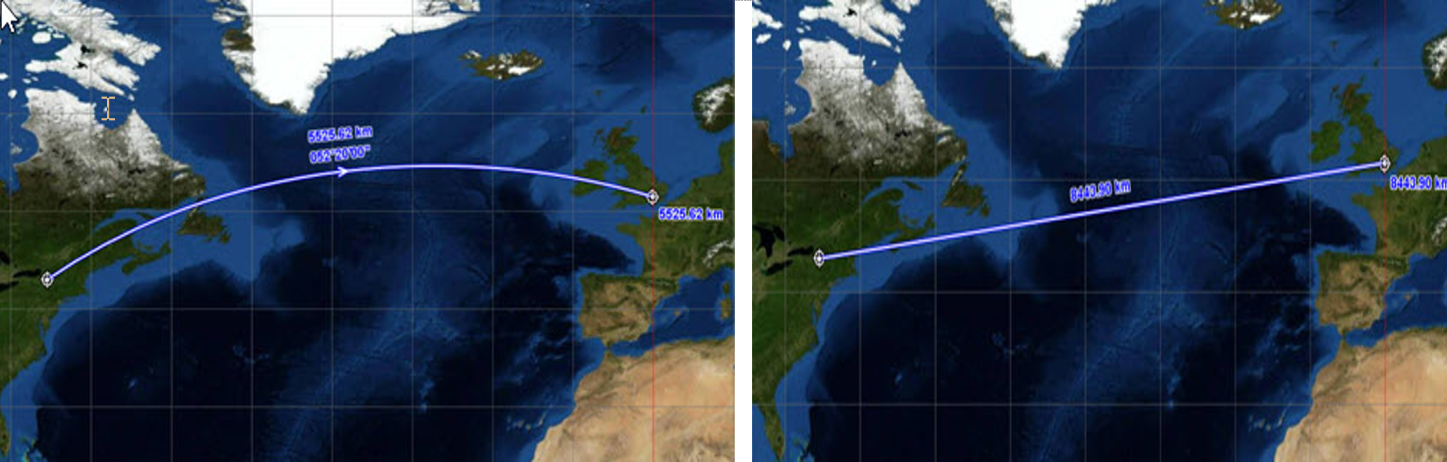 Geodesic flight path vs. cartesian flight path