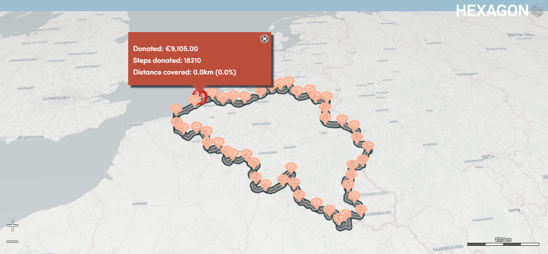 LuciadRia-based live map of Ivo's walk around Belgium for Stop Parkinson