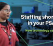 A woman in a red shirt with a headset with a caption: Staffing shortages in your PSAP? How technology can help