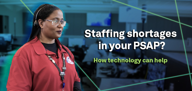 A woman in a red shirt with a headset with a caption: Staffing shortages in your PSAP? How technology can help