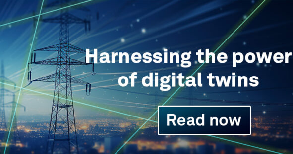 Background with power lines and text that says "Harnessing the power of digital twins"