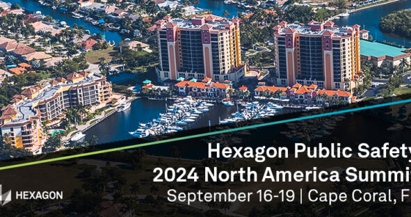 An overhead image of the Cape Coral resort with the headline "Hexagon Public Safety 2024 North America Summit September 16-19 Cape Coral, FL" in white text on a black background