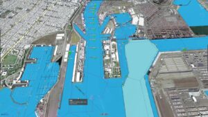 Figure 1: Operational view of a harbour, constructed from a smart combination of maritime charts, satellite imagery, road network data and 3D building and infrastructure data