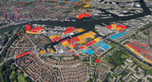 Figure 3: Augment 3D city scans with up-to-date cadastral or administrative data by draping OGC feature services over the 3D meshes.