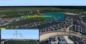 Various radar and video feeds are integrated in a single view, with military symbology and 3D visualization. A geospatial overview shows drones flying in a 3D model of a city. Those shown in blue are “friendly.” Those shown in yellow are unknown. Inset is a video feed from one of the drones in which we see what the drone is seeing. In the overview, we also see the radar installation in the blue/green area.